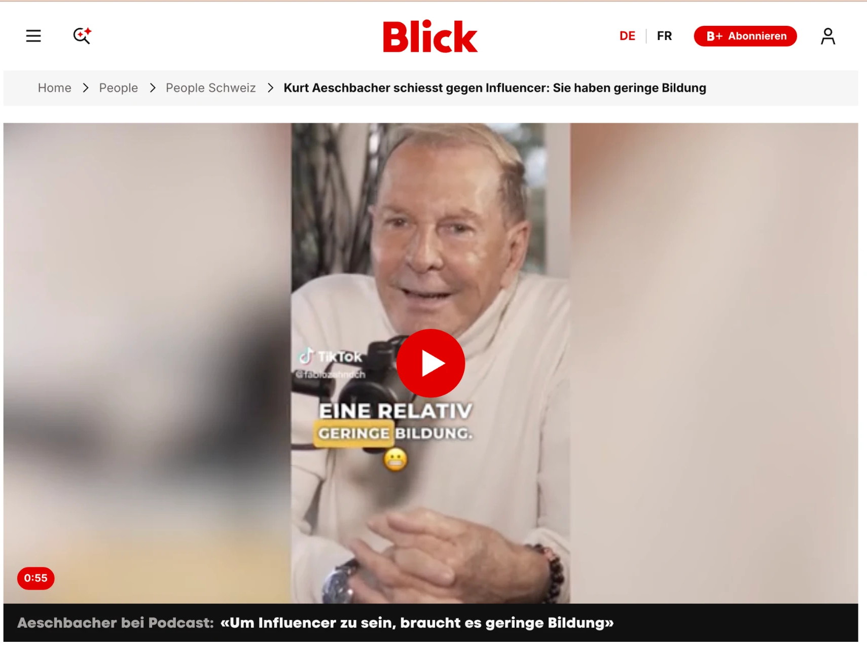 Screenshot des Blick-Artikels mit dem Reel aus dem Videopodcast Content Talk