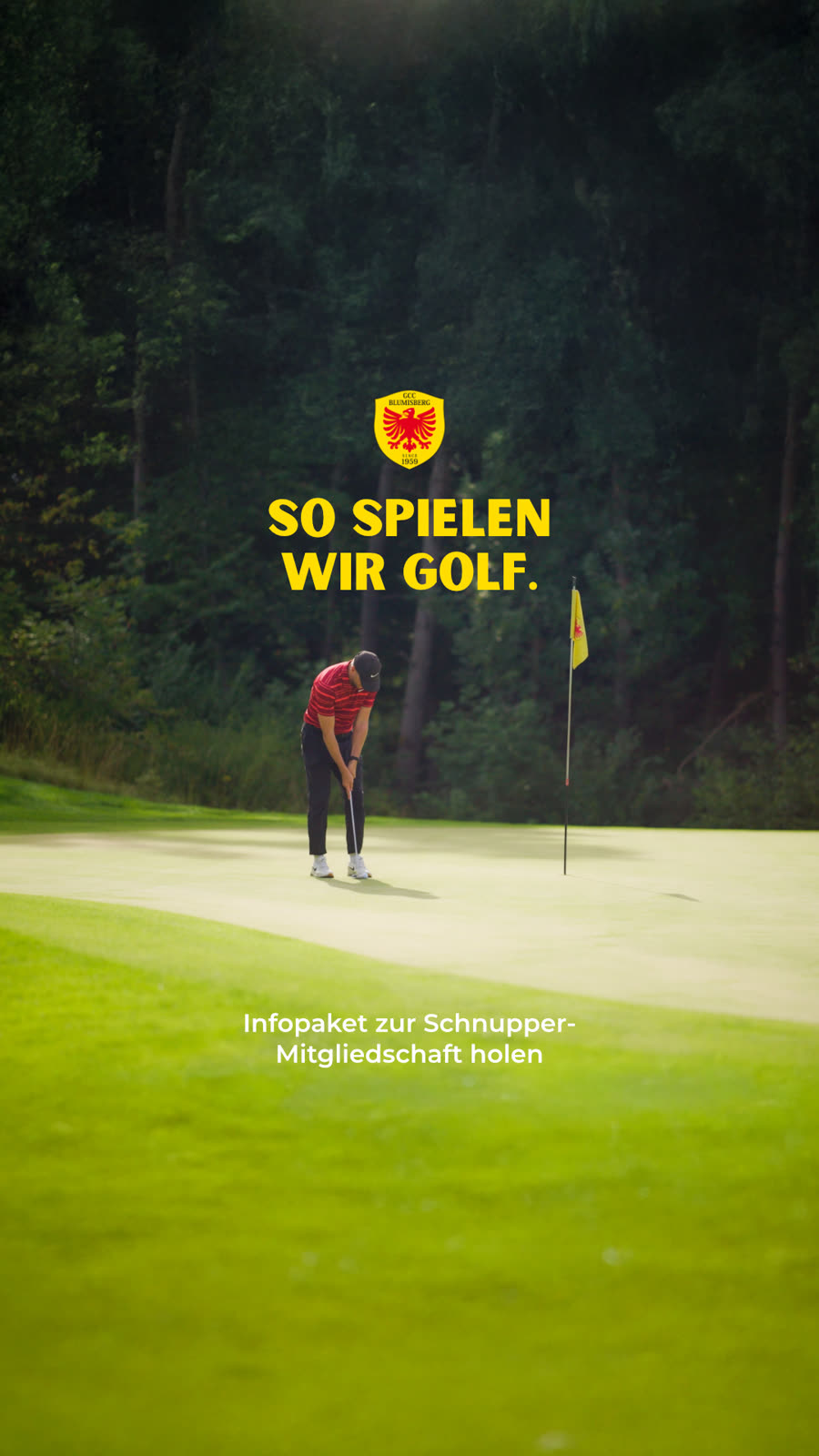 Anzeige «So spielen wir Golf», Spieler beim Putten auf dem Green vor Waldkulisse