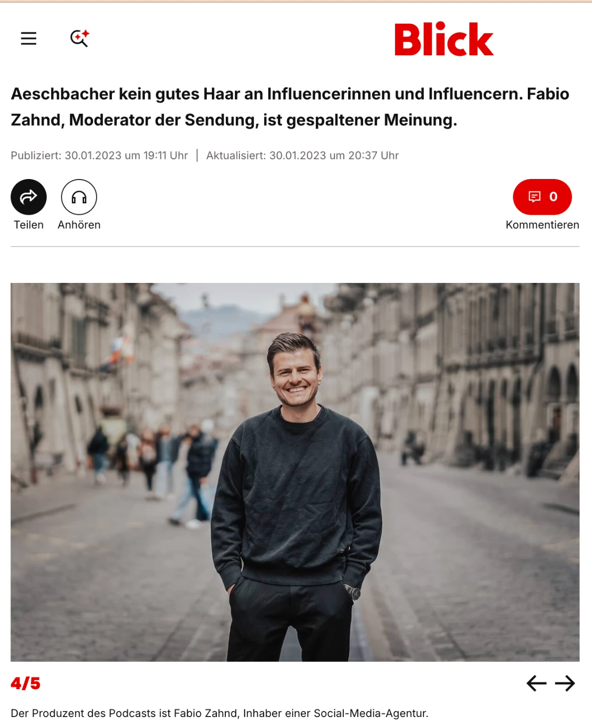 Screenshot des Blick-Artikels mit Fabio Zahnd als Produzent und Moderator des Podcasts