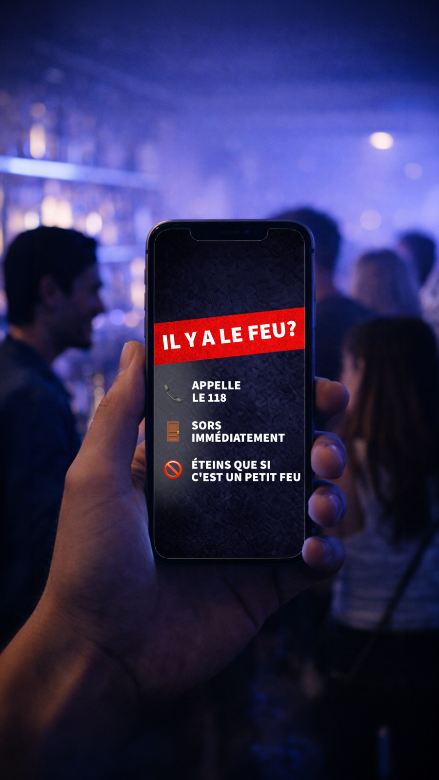 Social-Media-Grafik «Il y a le feu?» mit Verhaltensregeln im Brandfall auf Französisch, fotografiert in einer Bar