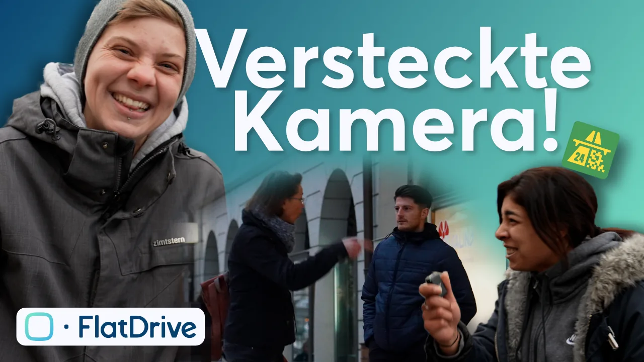 FlatDrive YouTube-Thumbnail: Versteckte Kamera zur Schweizer E-Vignette, Reaktionen von Passantinnen und Passanten