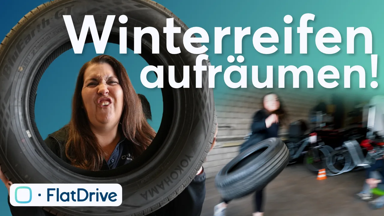 FlatDrive YouTube-Thumbnail: Winterreifen aufräumen, hinter den Kulissen beim Reifenwechsel